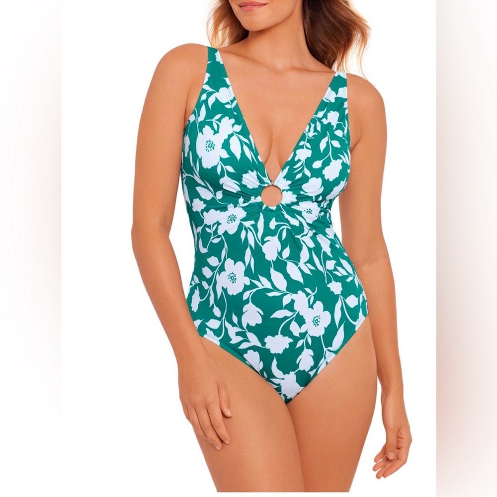 Green Floral Swimsuit with Front Ring